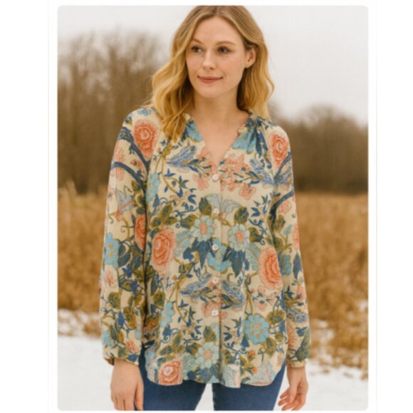Soft Surroundings SZ L 100% Cotton Bisonette Gauze Floral Button Down Shirt - Picture 1 of 8